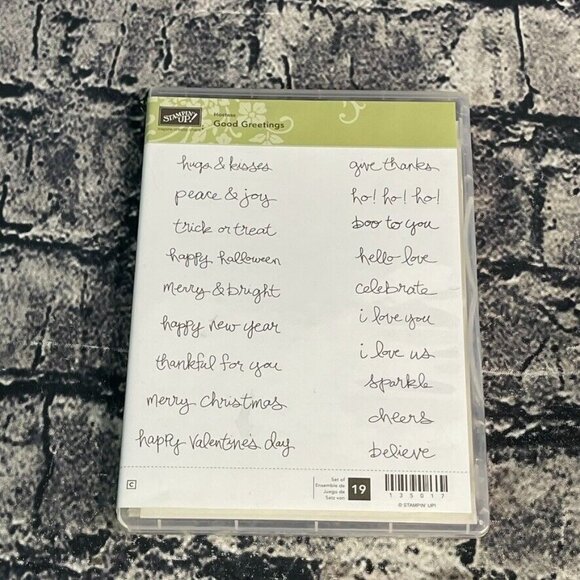 Stampin Up! GOOD GREETINGS Rubber Mount Wood 19pc Stamp Set 135017 - Picture 1 of 9